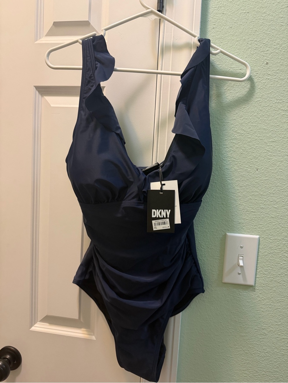 DKNY Women’s Navy Ruffle Plunge Tummy Control one piece swimsuit NWT Size 12